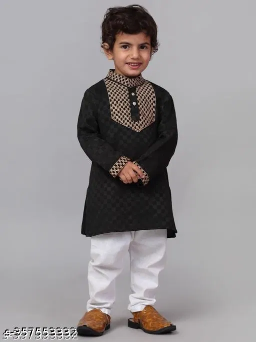 Cotton Blend Kurta with Pyjama for Boys (Black & White, 8-9 Years)