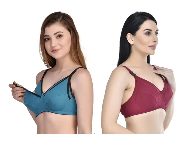 Cotton Blend Solid Non Padded Feeding Bras for Women (Multicolor, 2XL) (Pack of 2)