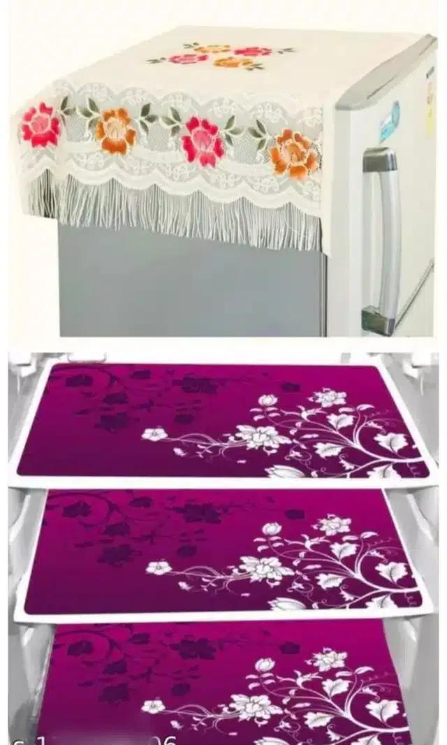 Knit Printed Fridge 6 Pcs Mat with Top Cover (Multicolor, Set of 1)
