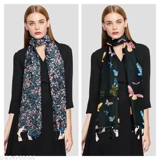 Chiffon Scarves for Women, Black, Pack of 2