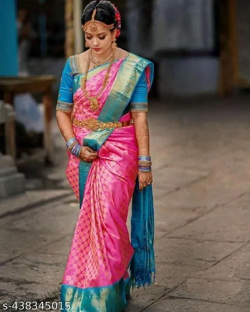 Banarasi Silk Zari Woven Saree for Women (Pink & Sky Blue, 6.3 m)