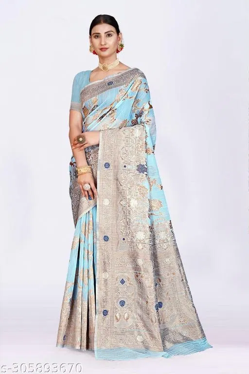 Linen Zari Woven Saree for Women (Sky Blue, 6.3 m)