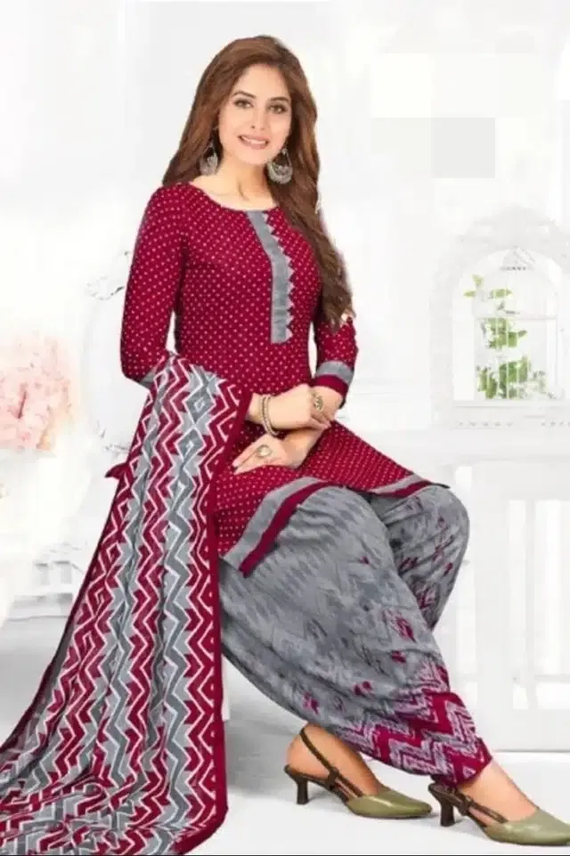 Synthetic Printed Unstitched Dress Material for Women & Girls (Maroon & Grey)