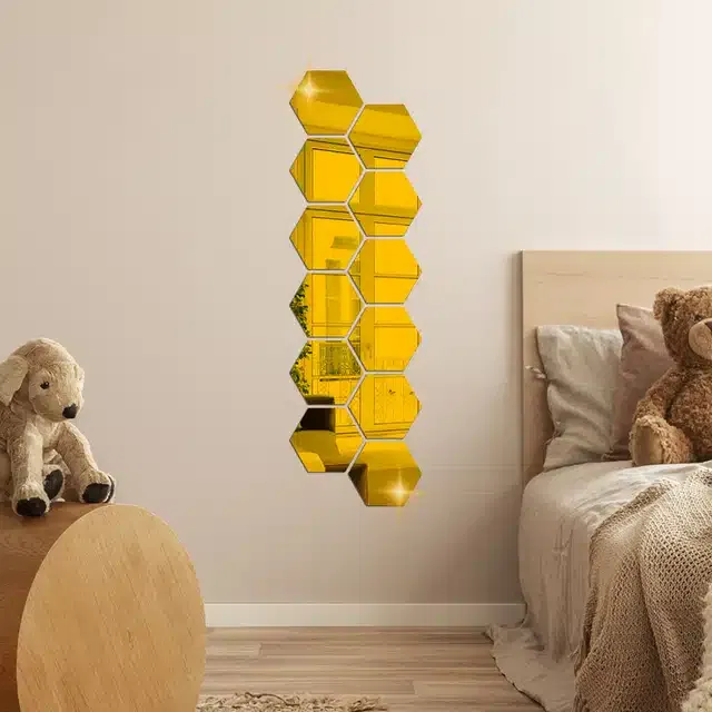 Acrylic Hexagon Shaped Wall Mirror Stickers (Gold, Pack of 12)