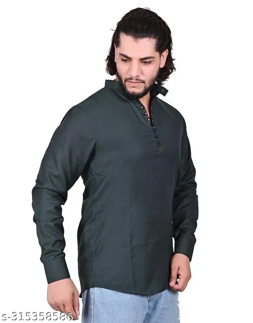 Cotton Blend Solid Short Kurta for Men, Black (L)