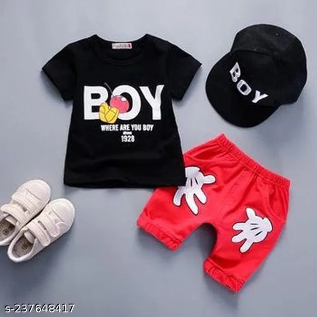 Hosiery Cotton Clothing Set for Boys (Black & Red, 3-4 Years)