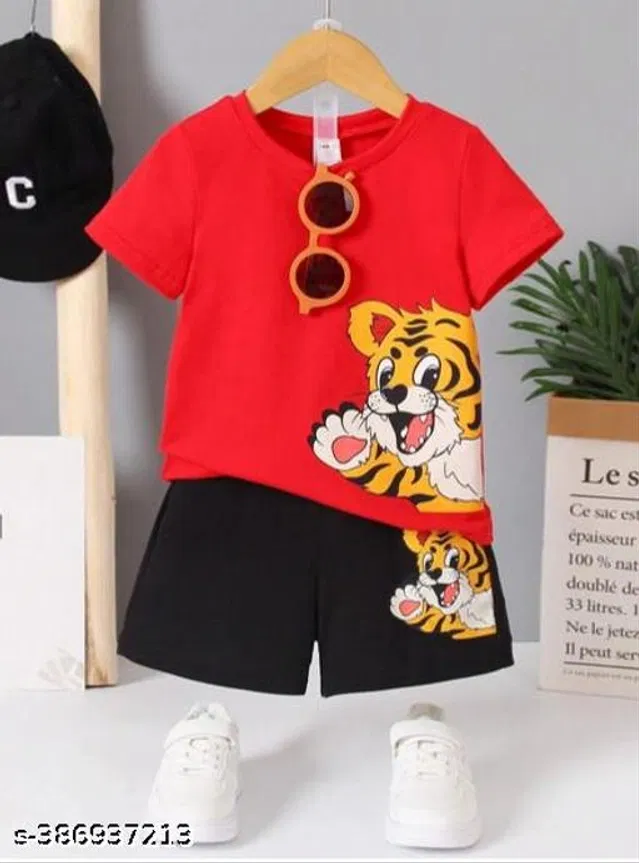 Hosiery Cotton Clothing Set for Boys (Black & Red, 6-12 Months)
