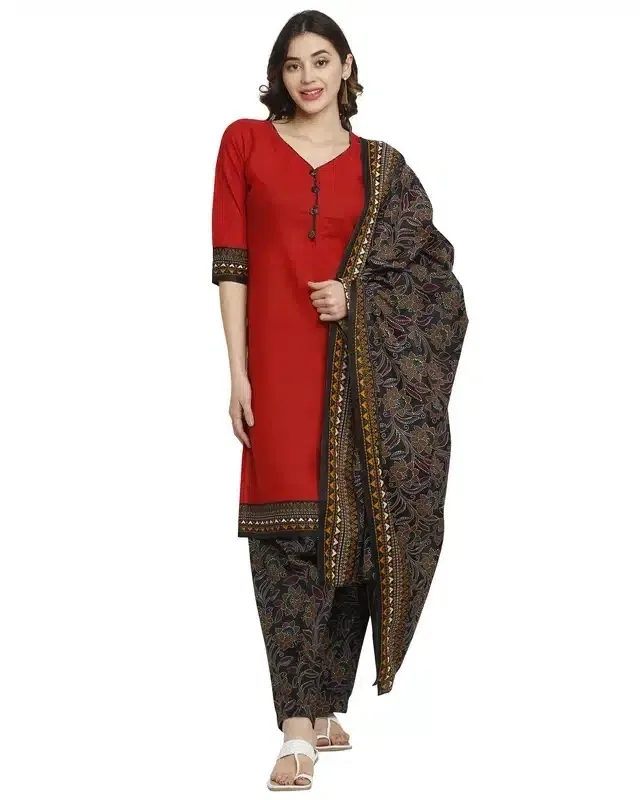 Cotton Blend Printed Unstitched Suit for Women (Red & Black)