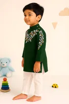 Dupion Silk Printed Kurta with Payjama for Boys, Green & White 