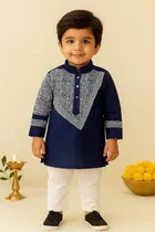 Dupion Silk Printed Kurta with Payjama for Boys, Navy Blue & White 