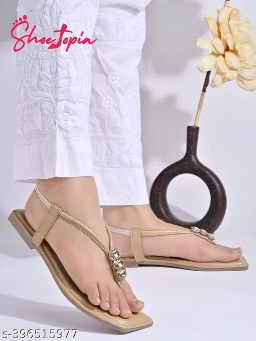 Embellished Synthetic Flat Sandals for Women (Beige, IND-8)