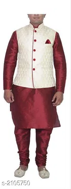 Banarasi Dupion Silk Solid Kurta with Pyjama & Jacket for Men 