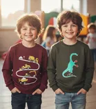 Round Neck Printed Wool Sweat Shirt For Boys, Multicolour 
