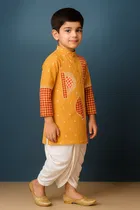Cotton Printed Kurta with Dhoti for Boys, Yellow & White 