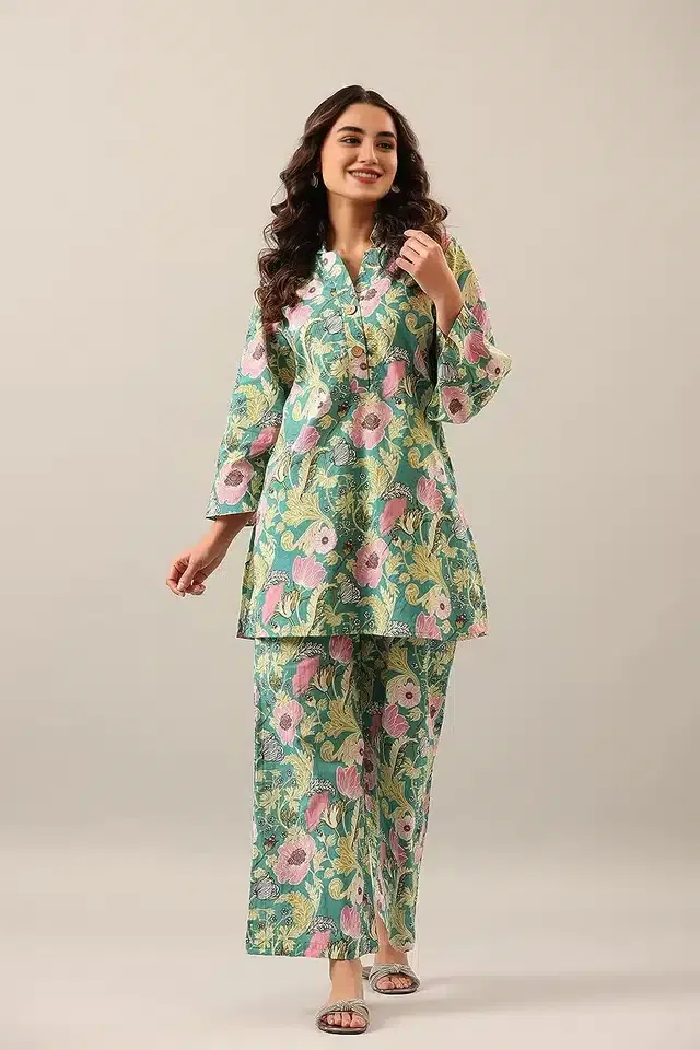 Cotton Blend Printed Short Kurti with Palazzo Set for Women (Multicolor, XXL)