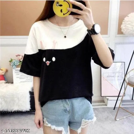 Cotton Printed T-Shirt for Women, Black (S)