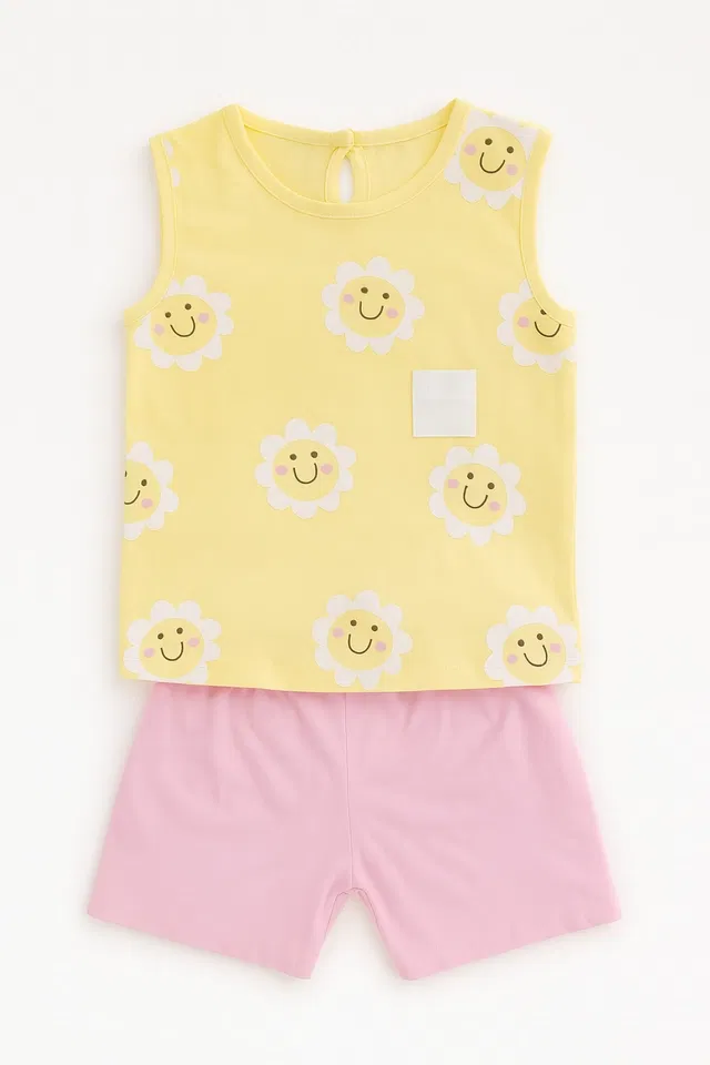 Cotton Printed Clothings Set for Girls (Yellow & Pink, 0-6 Months)