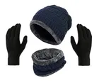 Woolen Cap with Neck Warmer & Gloves for Men & Women (Blue & Black, Set of 2)