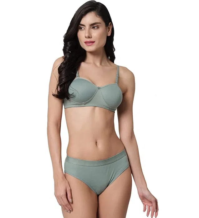 Cotton Blend Non Wired Padded Lingerie Set for Women (Green, 30)