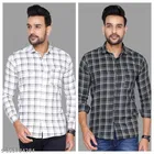Cotton Blend Checked Shirt for Men, White & Black 