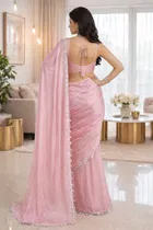 Bollywood Pink Satin Solid Lace Border Saree for Women