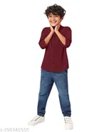 Solid Cotton Blend Mandarin Collar Long Sleeve Shirt for Boys 
