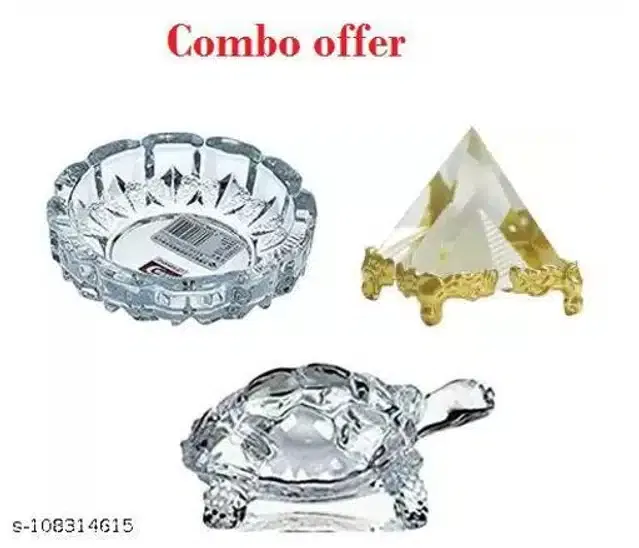 Crystal Turtle with Plate & Pyramid Showpieces (Gold & Transparent, Set of 3)
