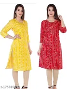 Rayon Printed Kurti for Women (Mustard & Red, XS) (Pack of 2)
