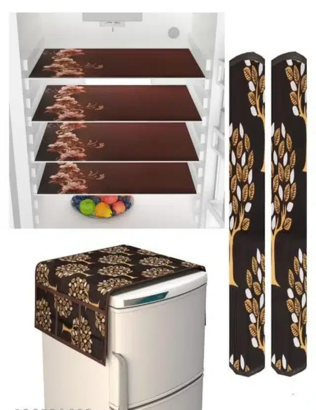 Knit Printed Fridge 4 Pcs Mat with 2 Pcs Handle & Top Cover (Brown, Set of 1)