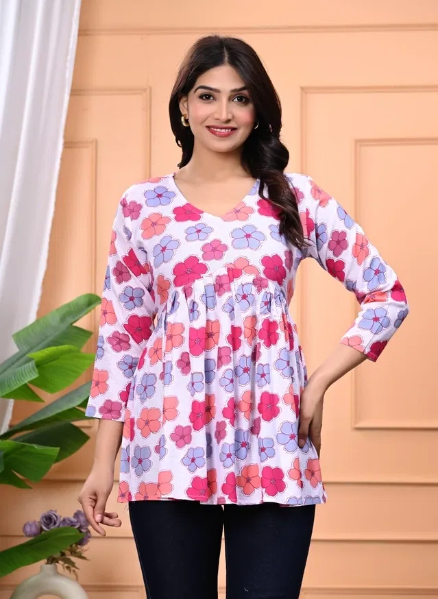 Rayon Floral Print Short Kurti for Women (Pink, M)