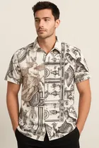 Half Sleeve Printed Shirt for Men (Beige, S)