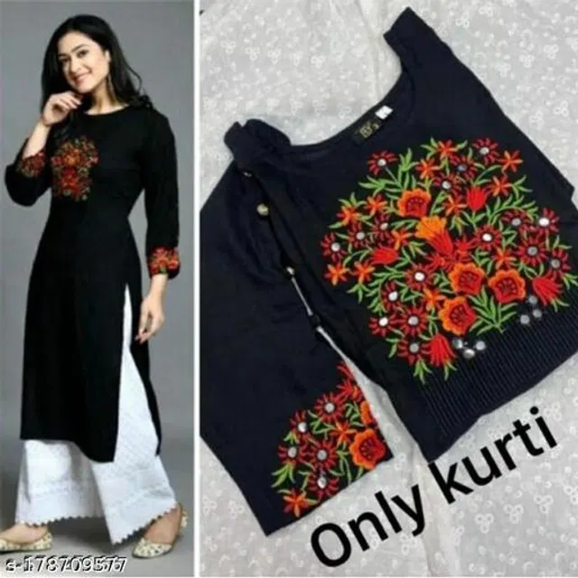 Rayon Embroidered Kurti for Women (Black, XXXL)