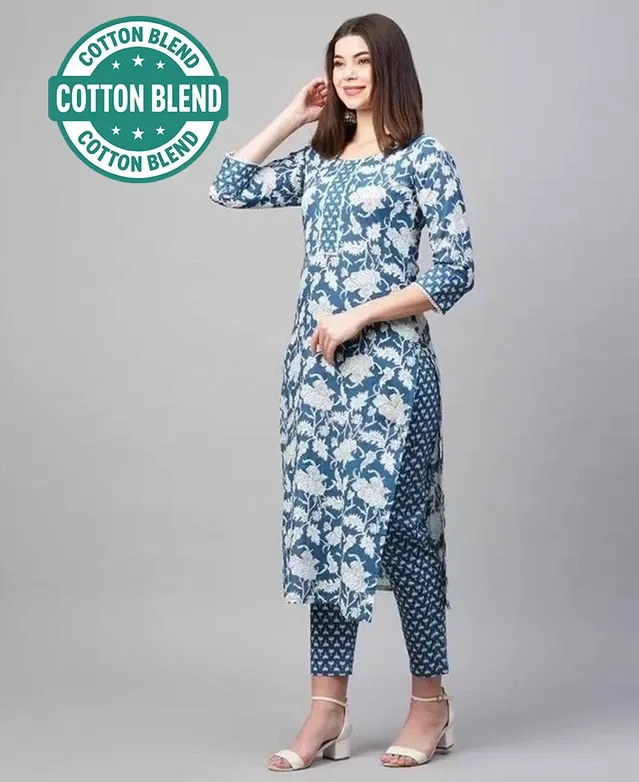 Cotton Floral Print Women's Kurta with Pant Set (Blue, XXL)