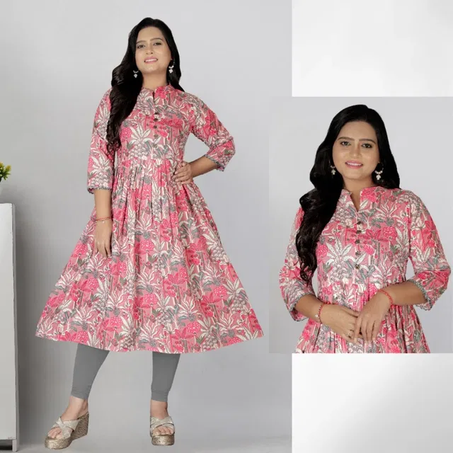 Cotton Silk Printed Kurti for Women, Pink (L)