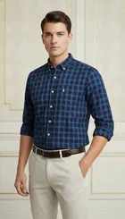 Cotton Checkered Shirt for Men, Dark Blue 