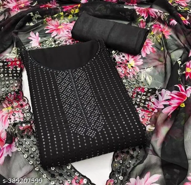 Embroidered Unstitched Suit for Women (Black & Pink, 2.25 m)