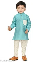 Art Silk Kurta with Pyjama Set for Kids (Aqua Blue & White, 2-3 Years)