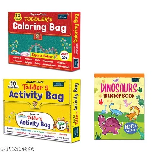 Super Cute Toddlers Activity Bag + Coloring Bag + Dinosaurs Sticker Book (Set of 3) – Fun Sticker & Activity Combo for Toddlers to Learn and Play