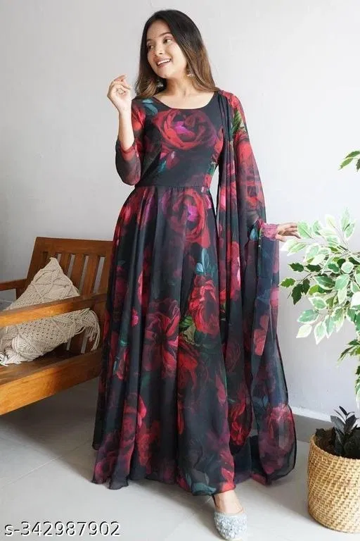 Floral Fit and Flare Maxi Kurti for Women (Black, XXL)