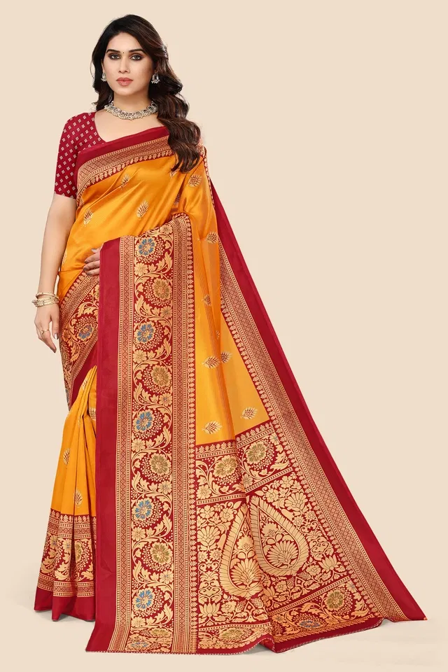Mysore Silk Printed Saree for Women (Mustard, 6.3 m)