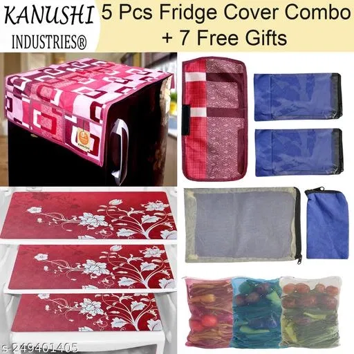 KANUSHI Industries® 1Pc Fridge Cover for Top with 6 Utility Pockets + 1 Handles Covers + 3 Fridge Mats + 7 Gifts (FRI-WINE-BOX-COMBO-M-25+7-GIFTS)