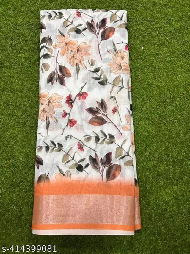Cotton Linen Printed Saree for Women (Multicolor, 6.3 m)