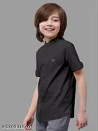 Solid Cotton Blend Mandarin Collar Short Sleeve Shirt for Boys 