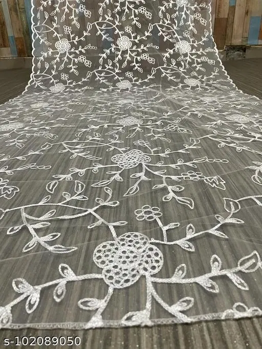 Floral Cut Work Embroidered Net Dupatta for Women (White, Free Size)