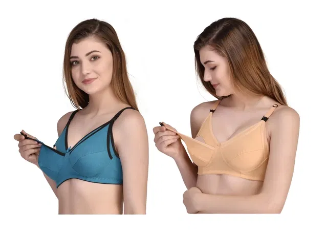 Cotton Blend Solid Non Padded Feeding Bras for Women (Multicolor, 34) (Pack of 2)