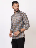 Cotton Blend Checkered Shirt for Men, Brown 