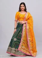 Kota Doriya Bandhani Semi Stitched Lehenga with Choli & Dupatta for Women (Yellow & Green)