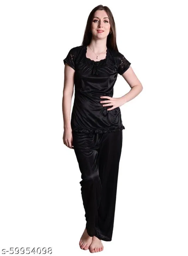 Satin Nightsuit Set for Women (Black, S)