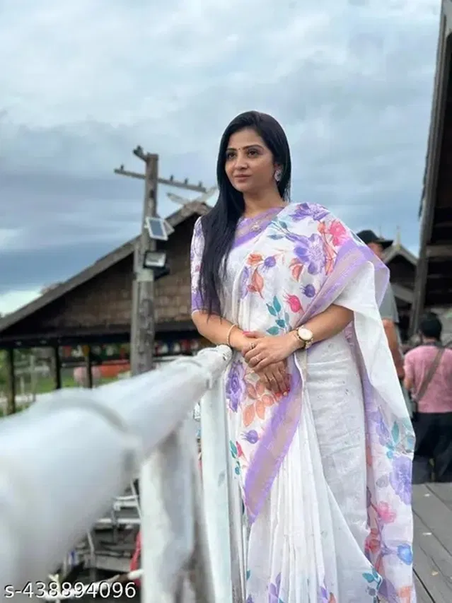 Cotton Linen Printed Saree for Women (Multicolor, 6.3 m)