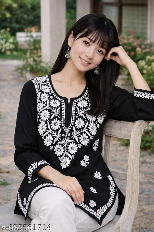 Chikankari Embroidery Short Kurti for Women (Black, XXL)
